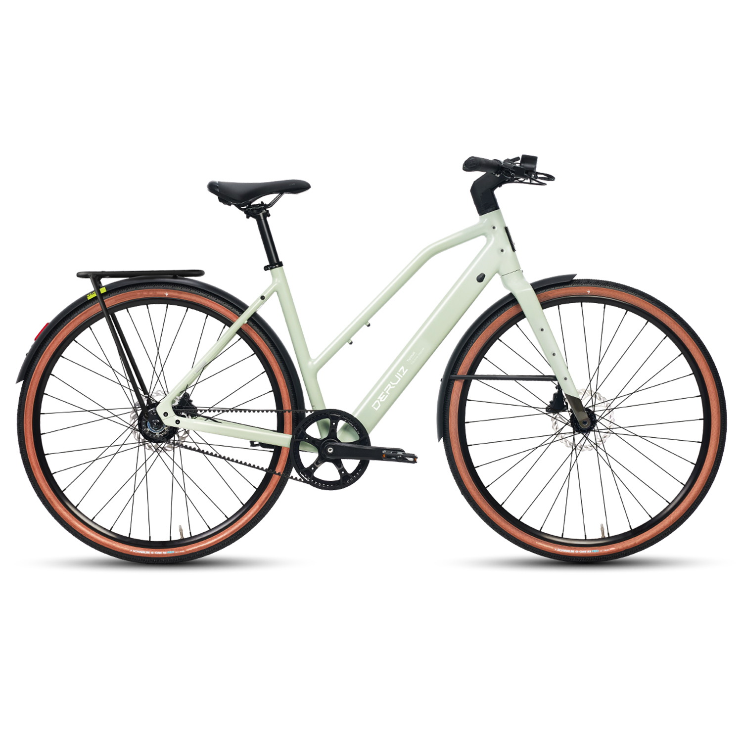 Hellgrünes Fahrrad mit braunen Reifen, schwarzem Sattel und Gepäckträger.