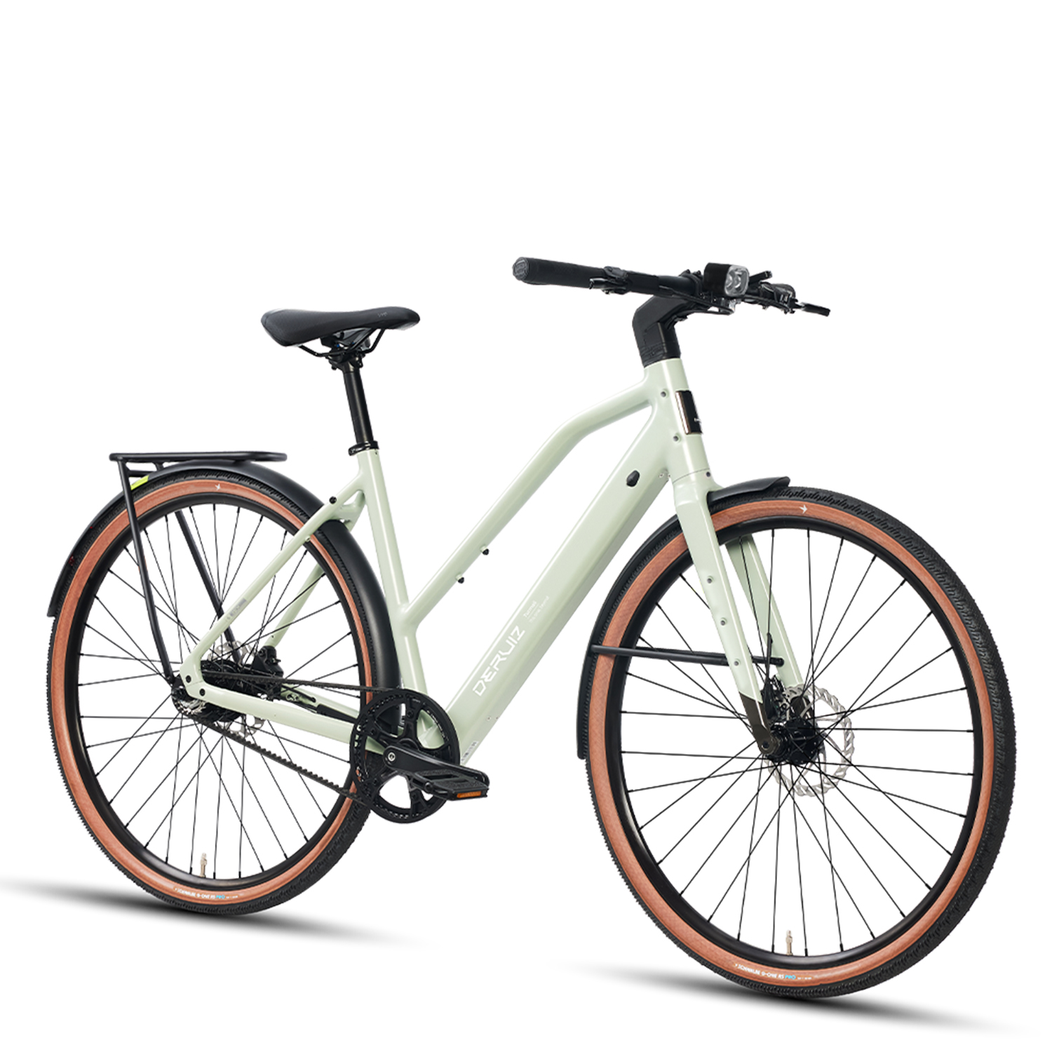Ein hellgrünes Fahrrad mit braunen Reifen und Gepäckträger.