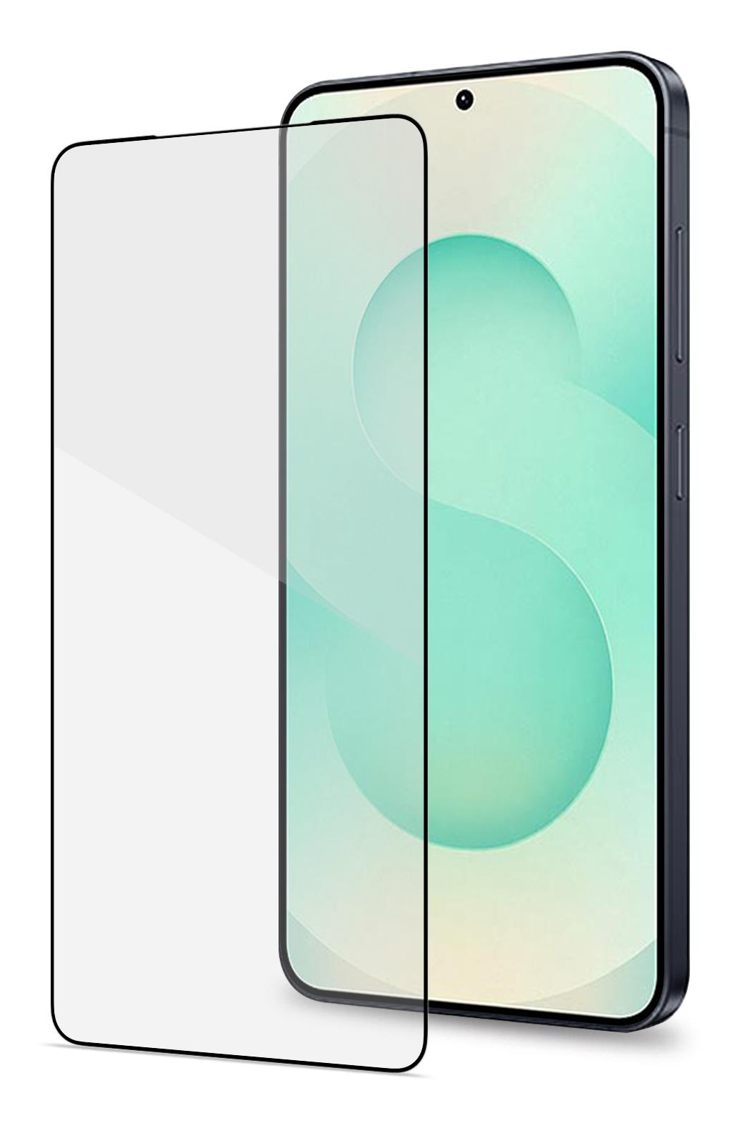 Una protezione dello schermo in vetro copre la metà sinistra di uno smartphone con sfondo turchese.