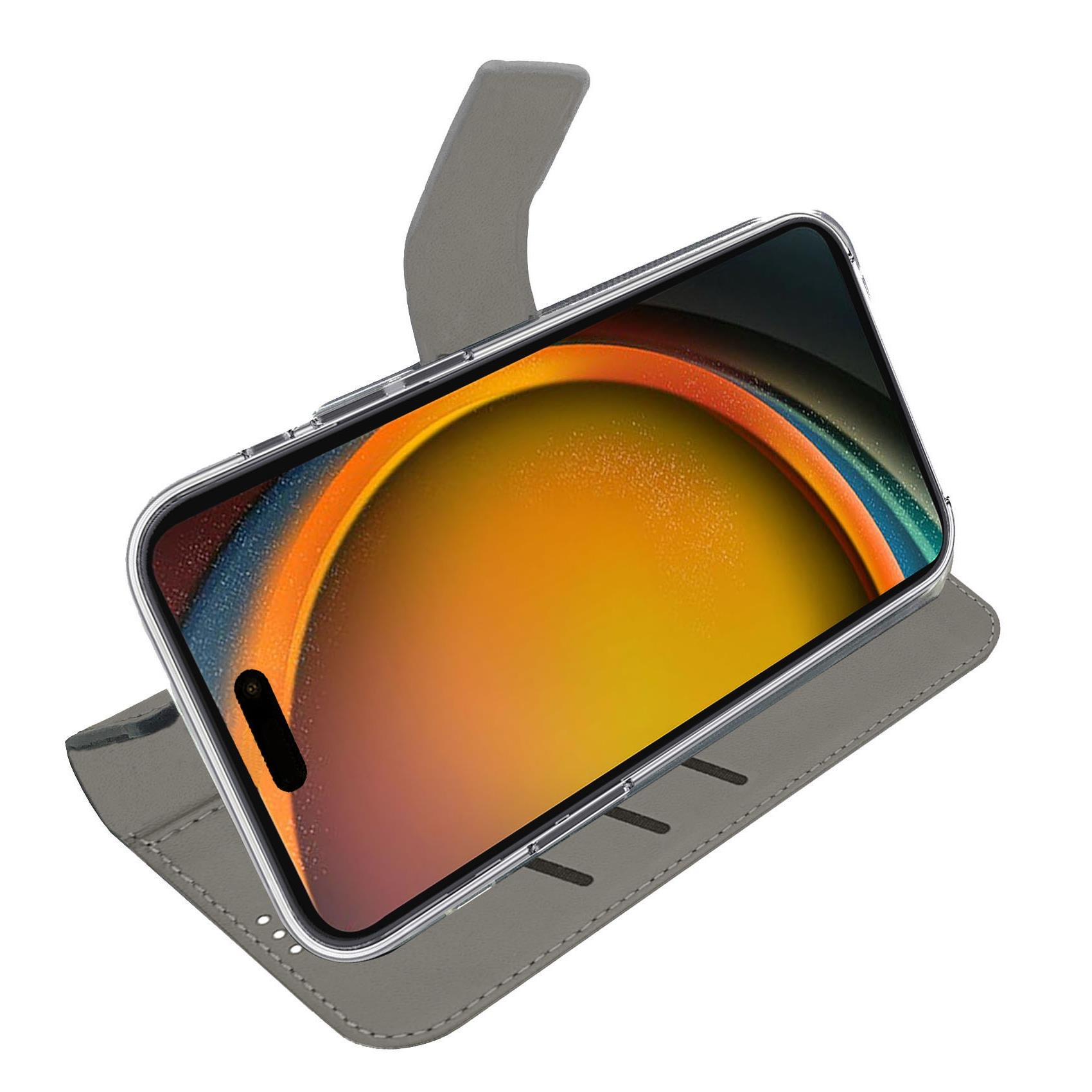 Custodia a libro grigia con cornice trasparente, mostra uno smartphone con sfondo arancione.