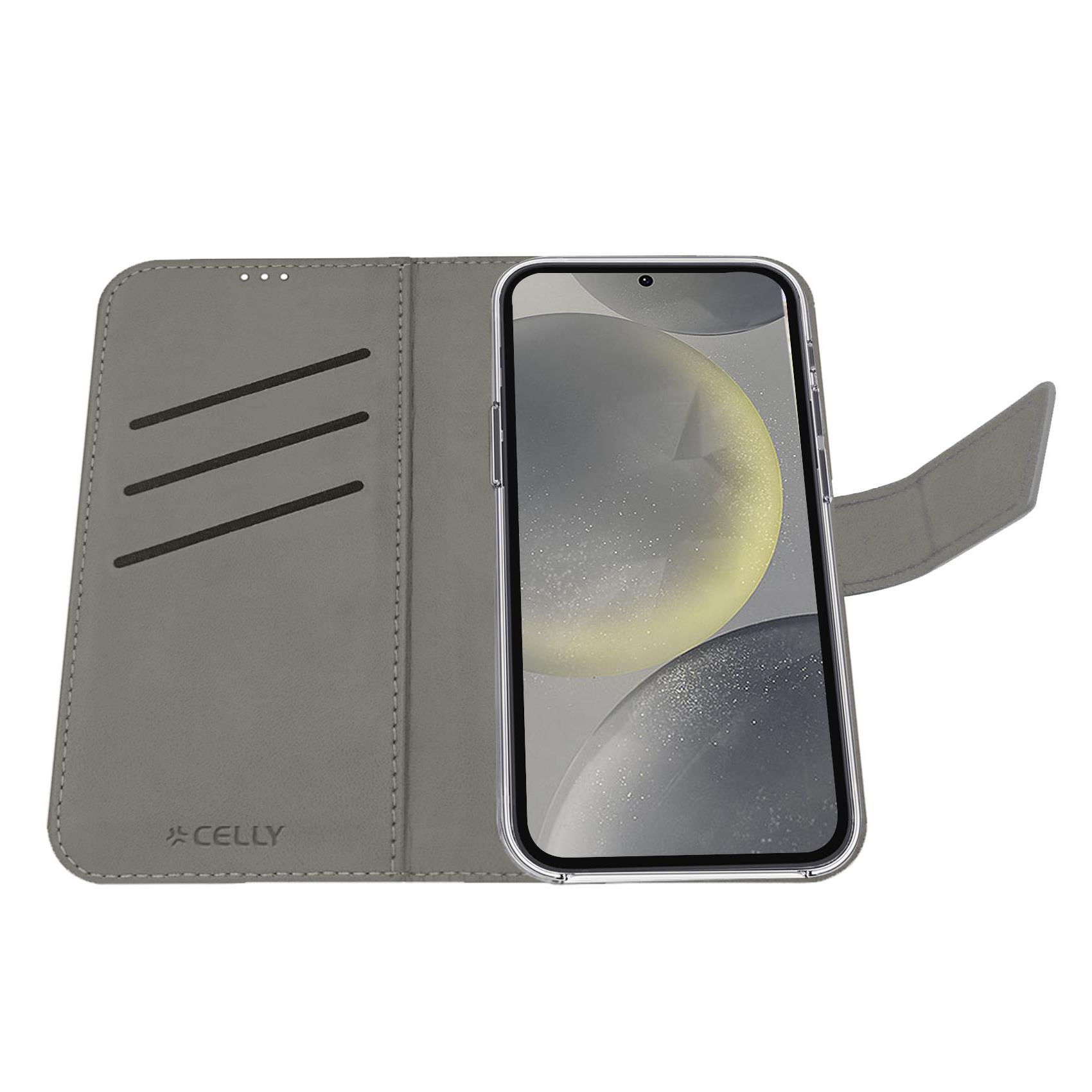 Funda de teléfono gris con teléfono y dos ranuras para tarjetas.