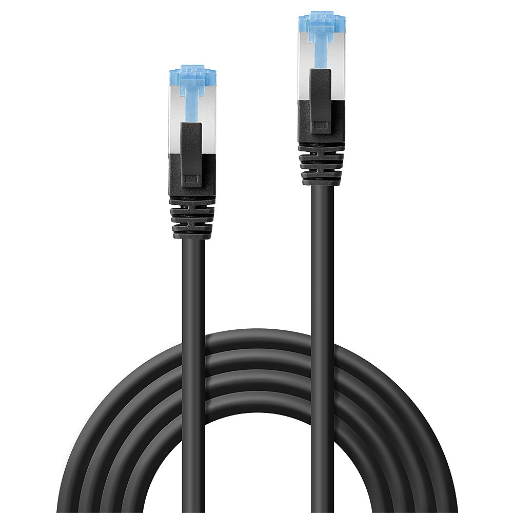 Dos cables Ethernet negros con conectores azules, sobre fondo blanco.