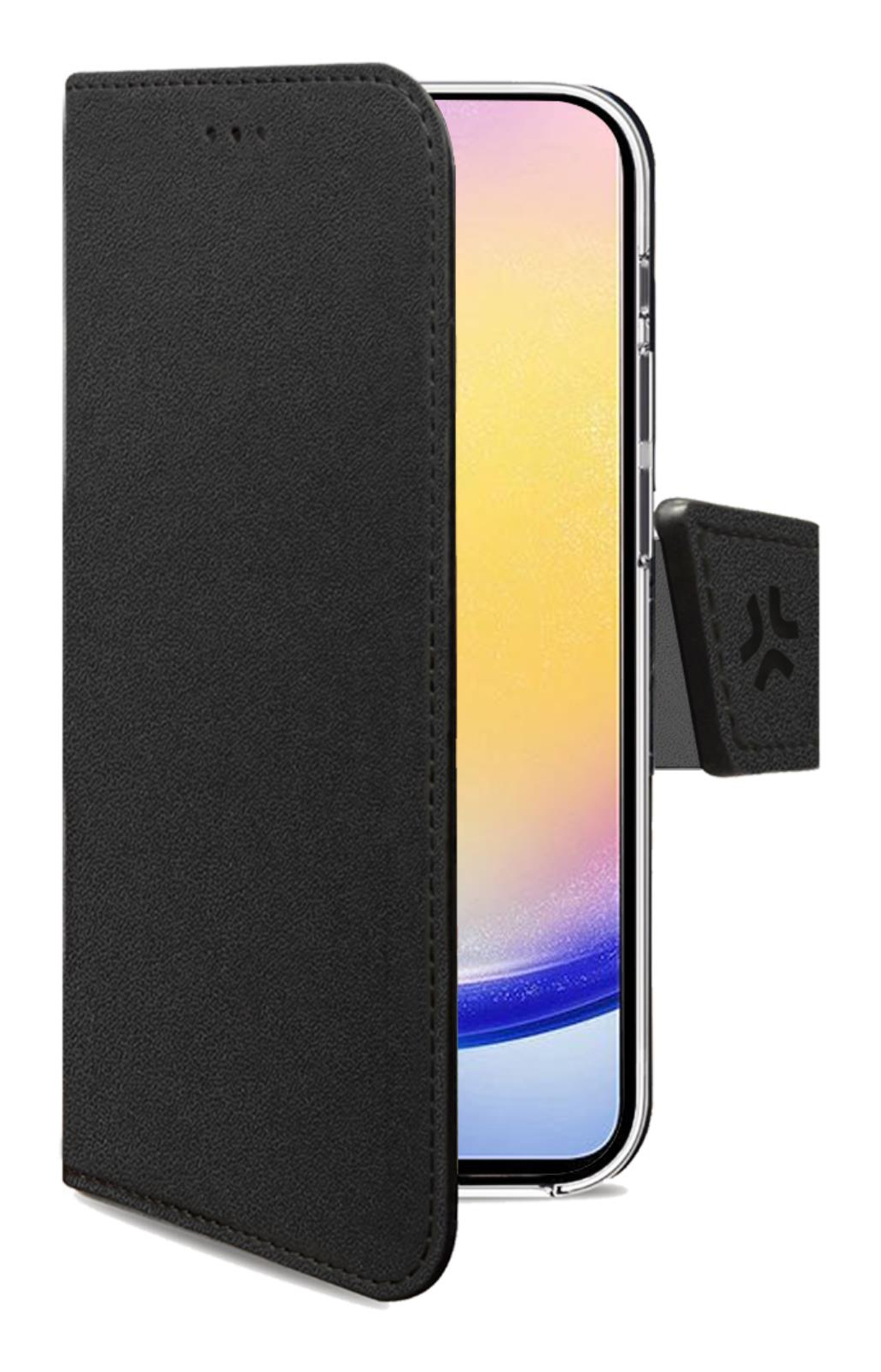 Custodia a libro nera per telefono con simbolo stilizzato su una linguetta.