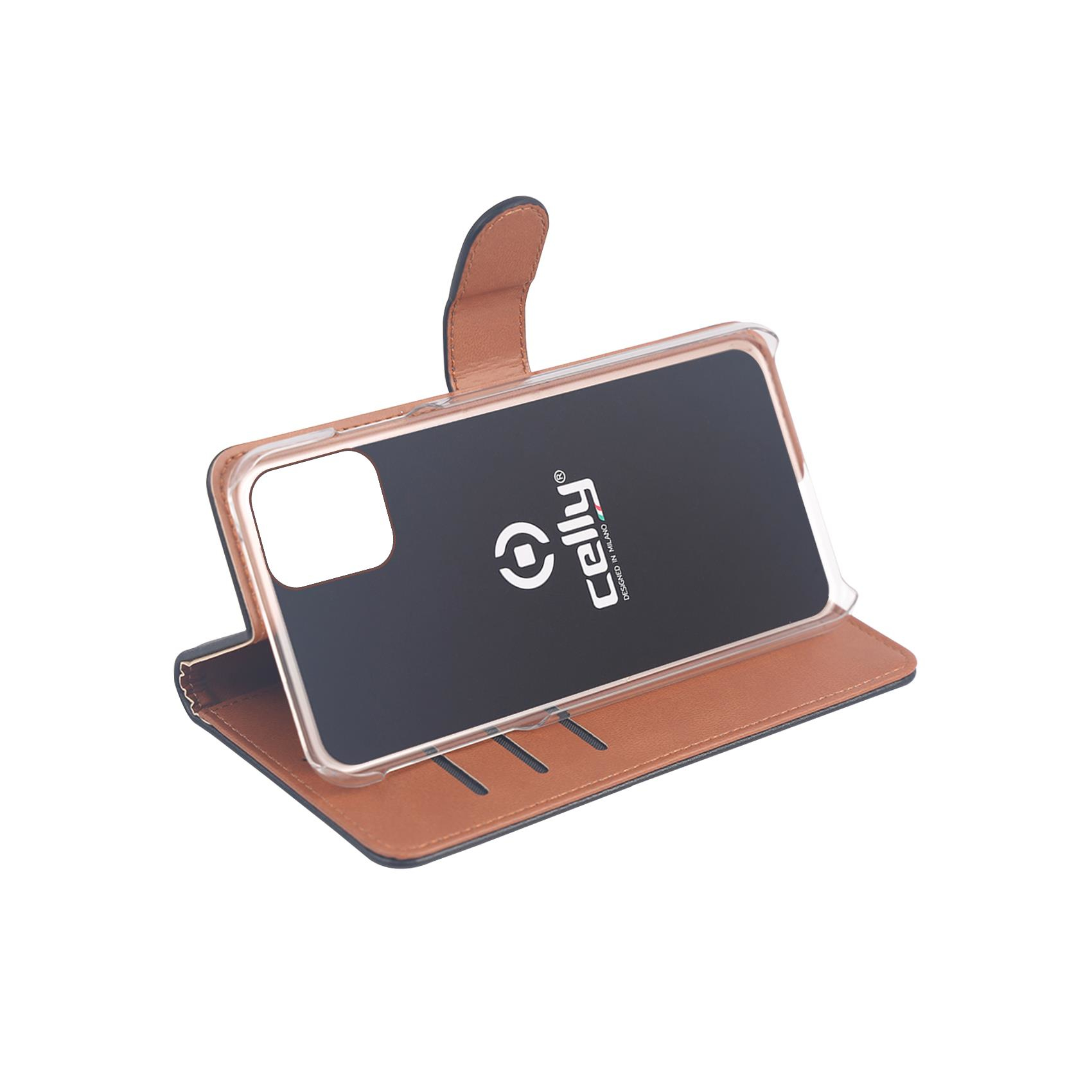 Custodia a libro in pelle marrone per smartphone con cornice trasparente, aperta.