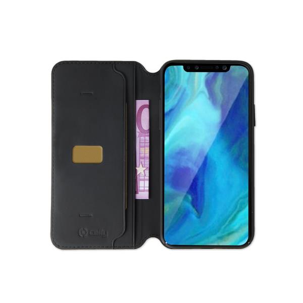 Una custodia a libro nera con banconota da 10 euro e smartphone.