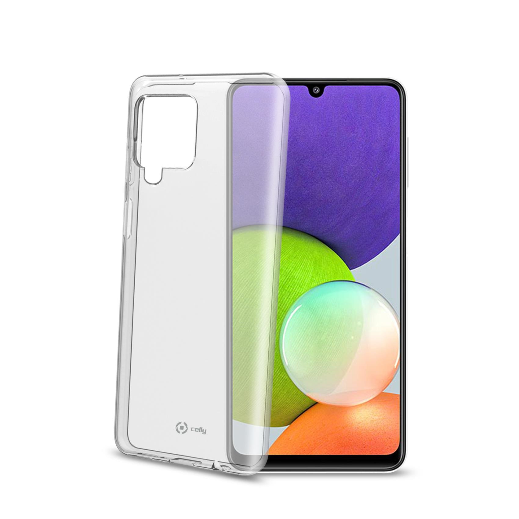 Transparente Handyhülle mit Logo, auf einem Smartphone mit lila Hintergrund.