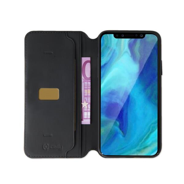 Custodia nera per telefono con una banconota in euro e un telefono con sfondo astratto blu.