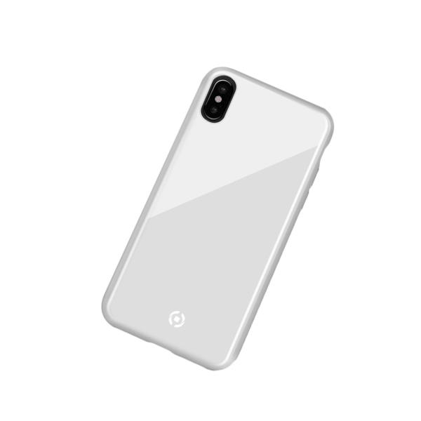Una cover bianca per telefono su sfondo bianco con logo circolare.