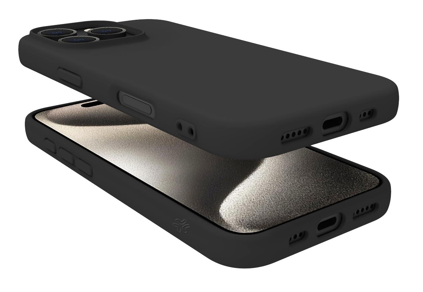 Una custodia nera per iPhone sopra un iPhone con proteggi schermo.