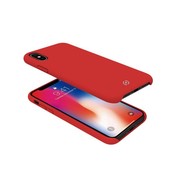 Cover rossa per iPhone mostrata sopra un iPhone rosso con schermo bloccato.