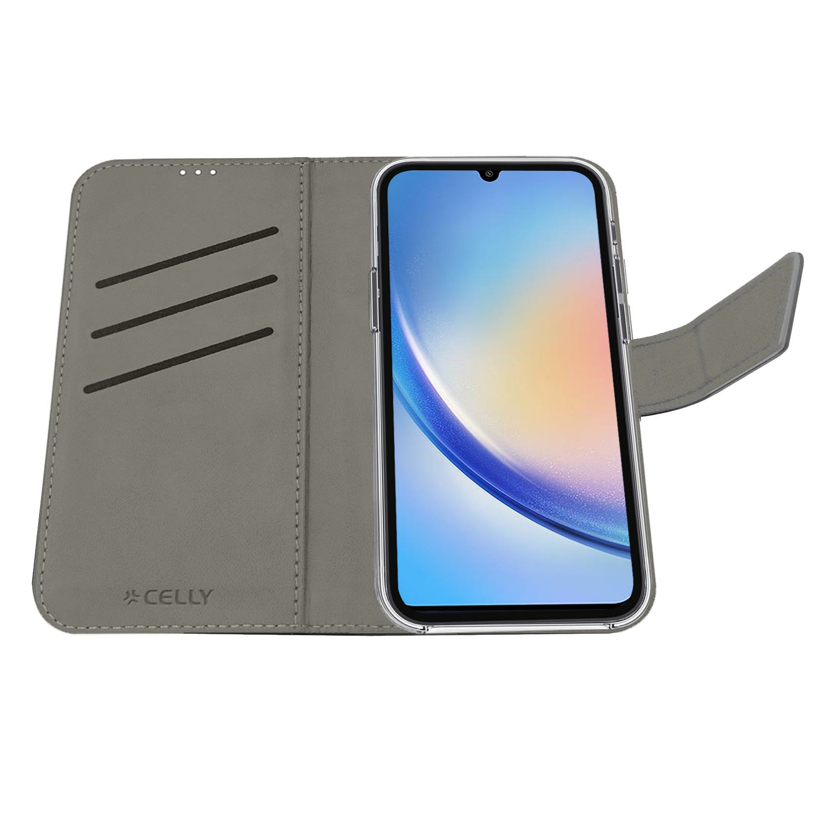 Custodia a libro grigia con tre slot per carte e logo CELlY.