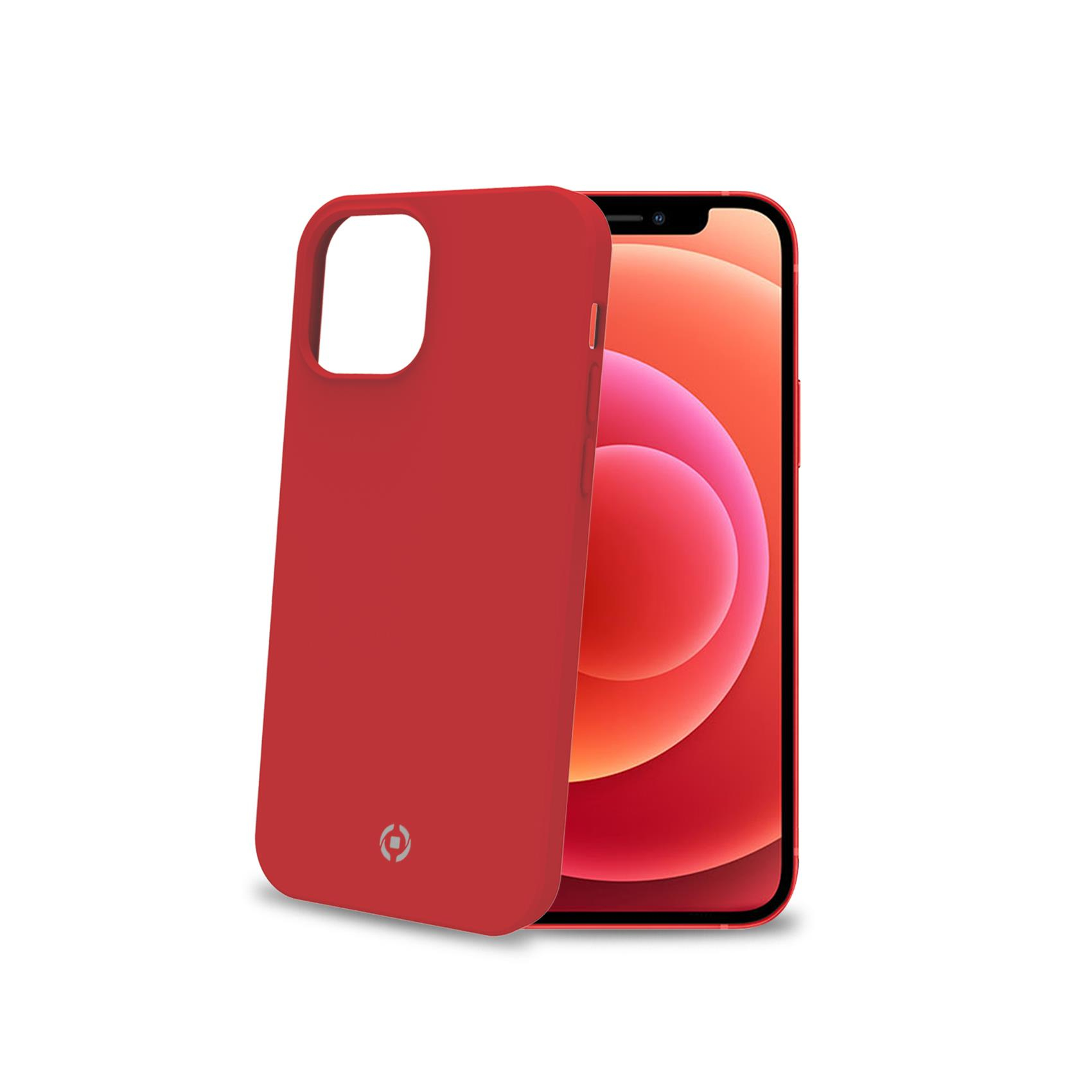 Custodia rossa per telefono accanto a uno smartphone rosso con sfondo arancione.