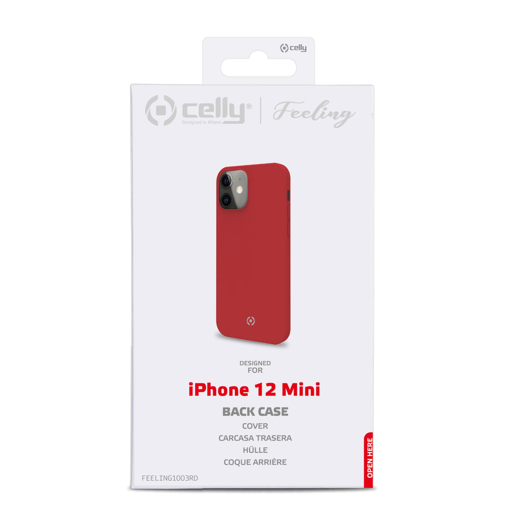 Cover rossa per iPhone 12 Mini sulla sua confezione con logo Celly.