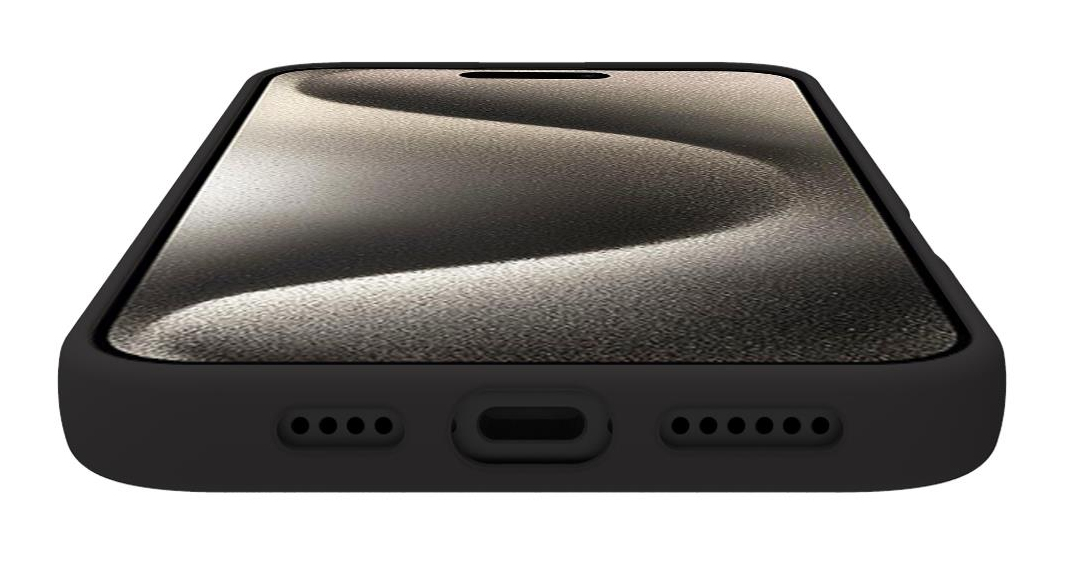 Smartphone nero in custodia, bordo inferiore con porta di ricarica e griglie.