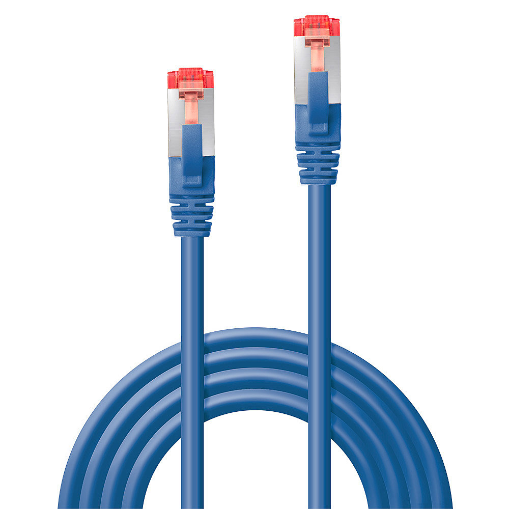 Dos cables de red azules con conectores rojos y plateados sobre fondo blanco.