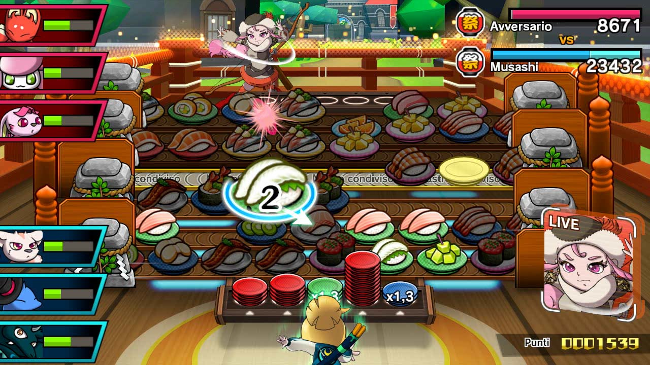 Gioco anime a tema sushi, personaggi e display del punteggio.