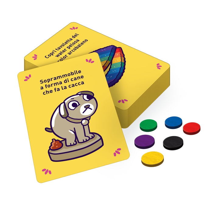 Ein gelbes Kartenspiel mit einem Hund, der auf einem Sockel sitzt und eine kleine braune Form hat.