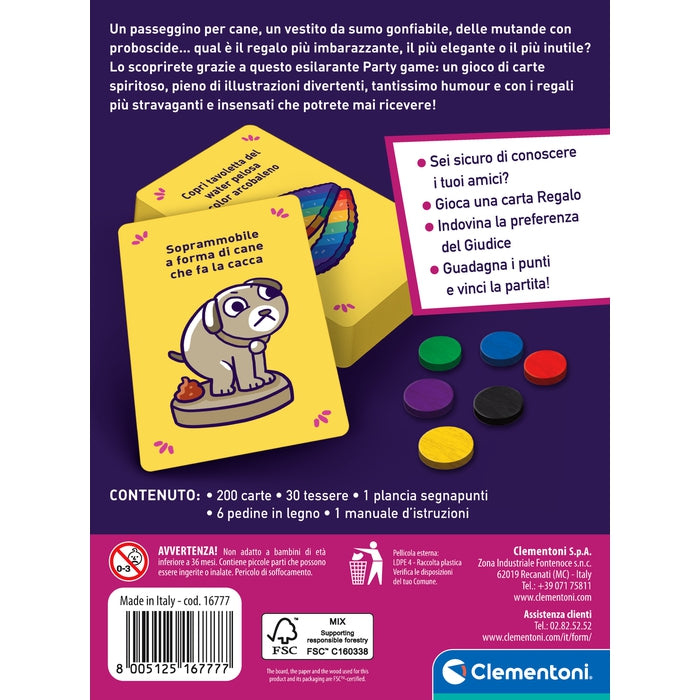 Spielverpackung mit Karten und Spielsteinen. Hundekarte mit Kot-Illustration.