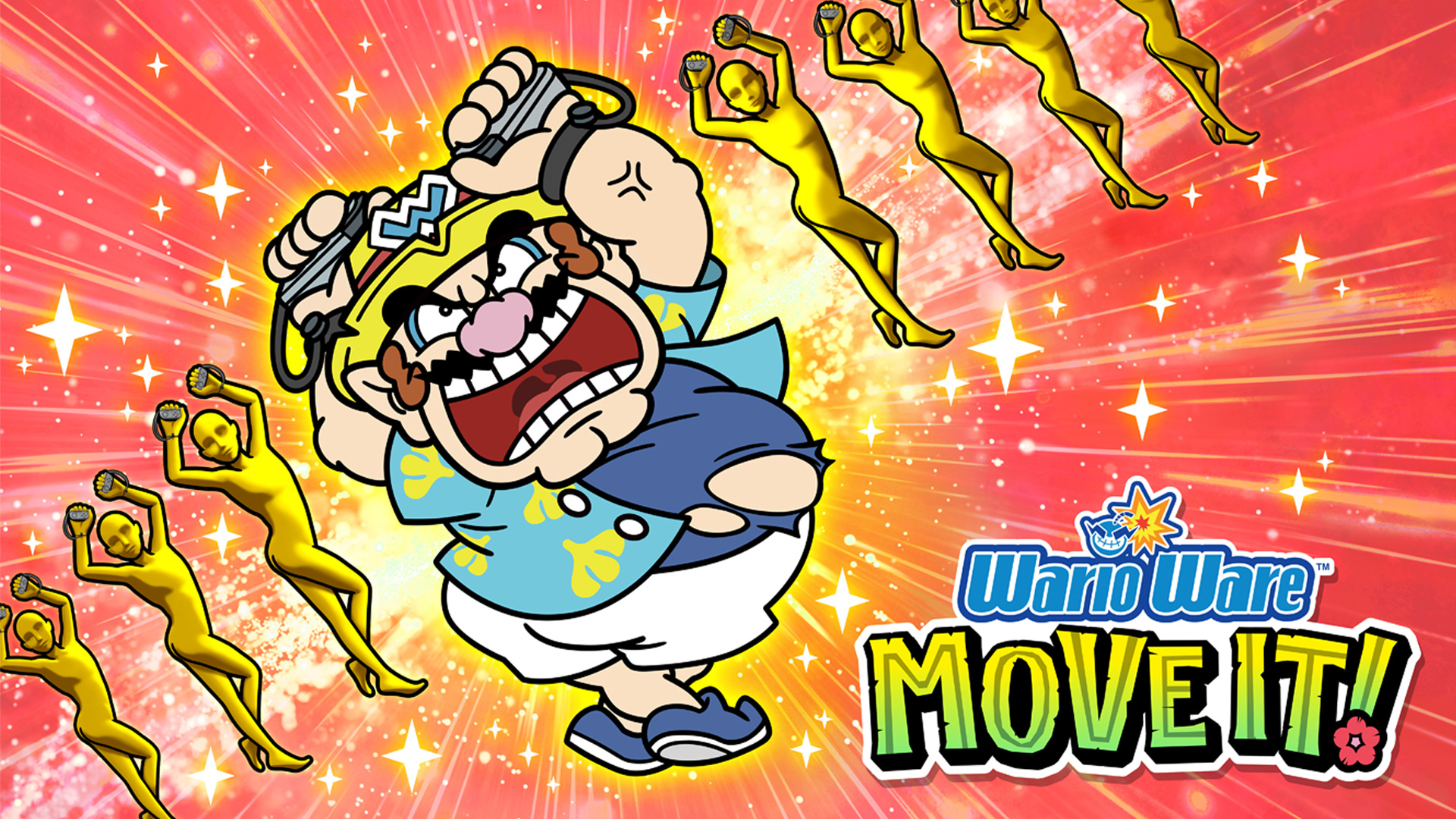 Wario tiene un controller, circondato da figure gialle. Logo "WarioWare: Move It!".