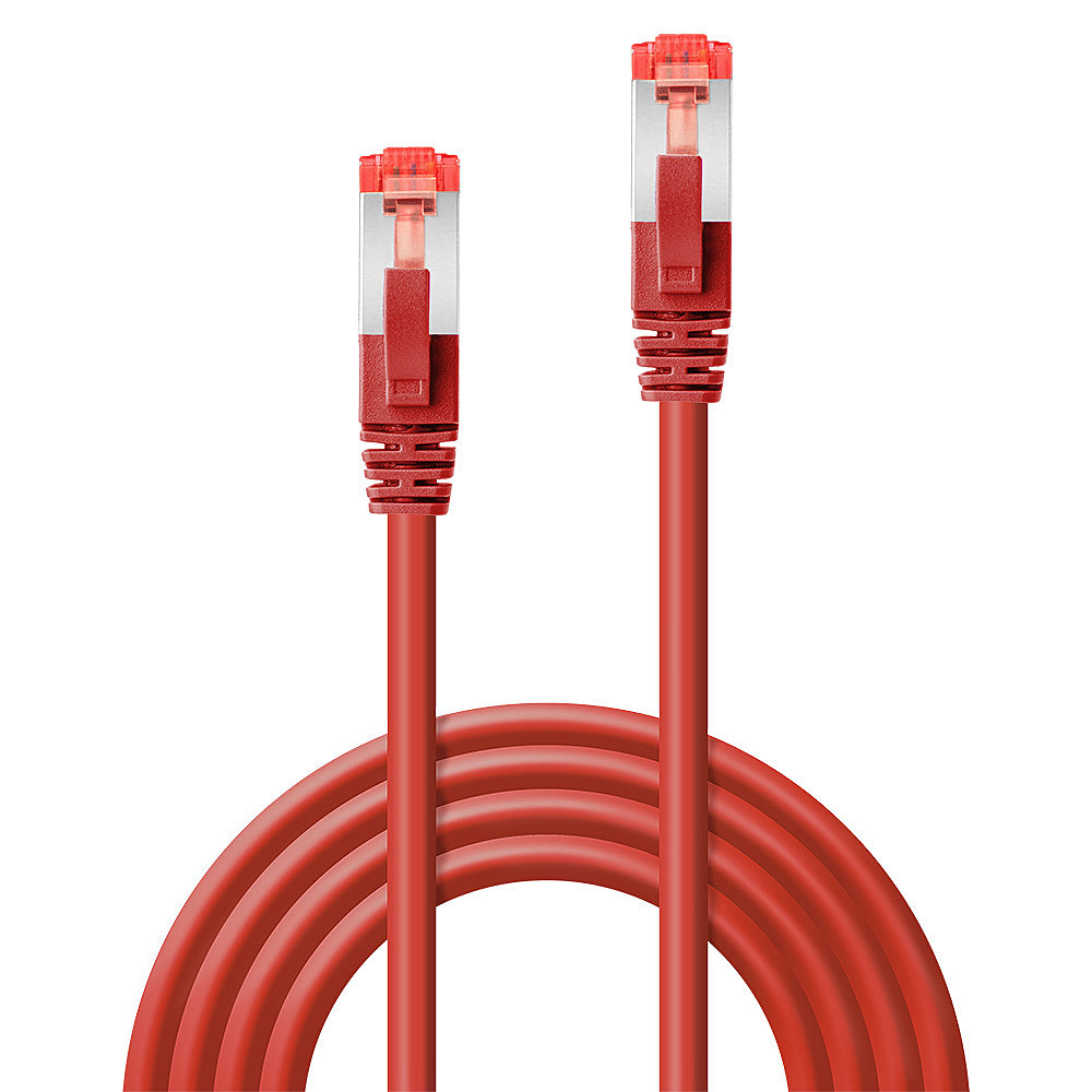 Dos cables Ethernet rojos con conectores RJ45 transparentes y rojos sobre fondo blanco.