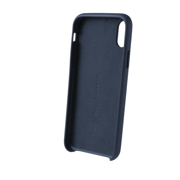 Custodia blu scuro per telefono con ritagli per fotocamera e pulsanti.