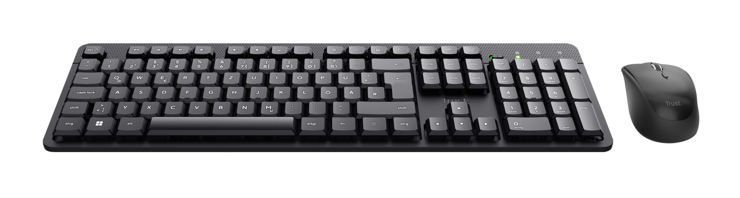 Schwarze Tastatur und Maus mit Beschriftungen, auf weißem Hintergrund.