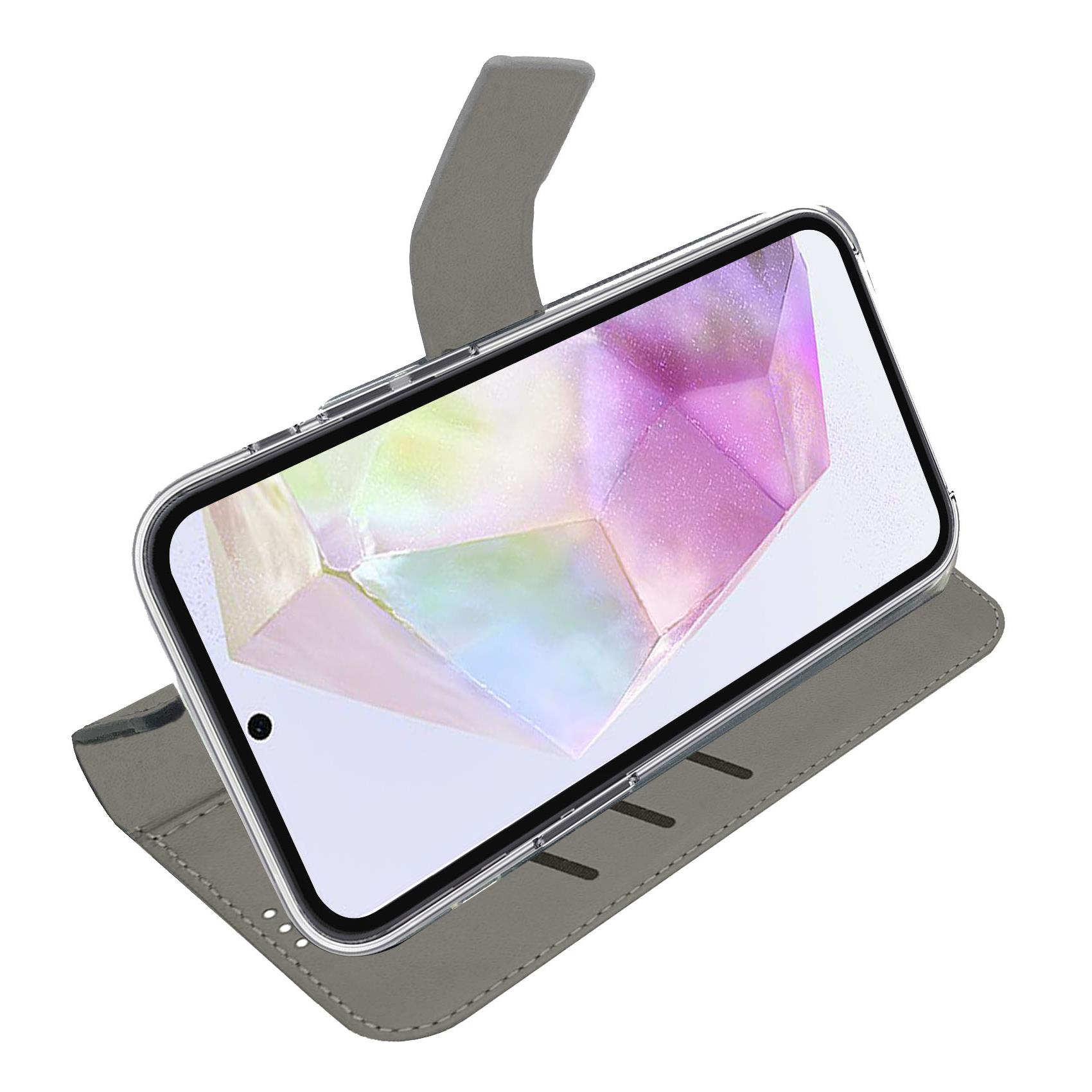 Custodia a libro grigia per telefono con cornice trasparente, che mostra uno smartphone con sfondo astratto.