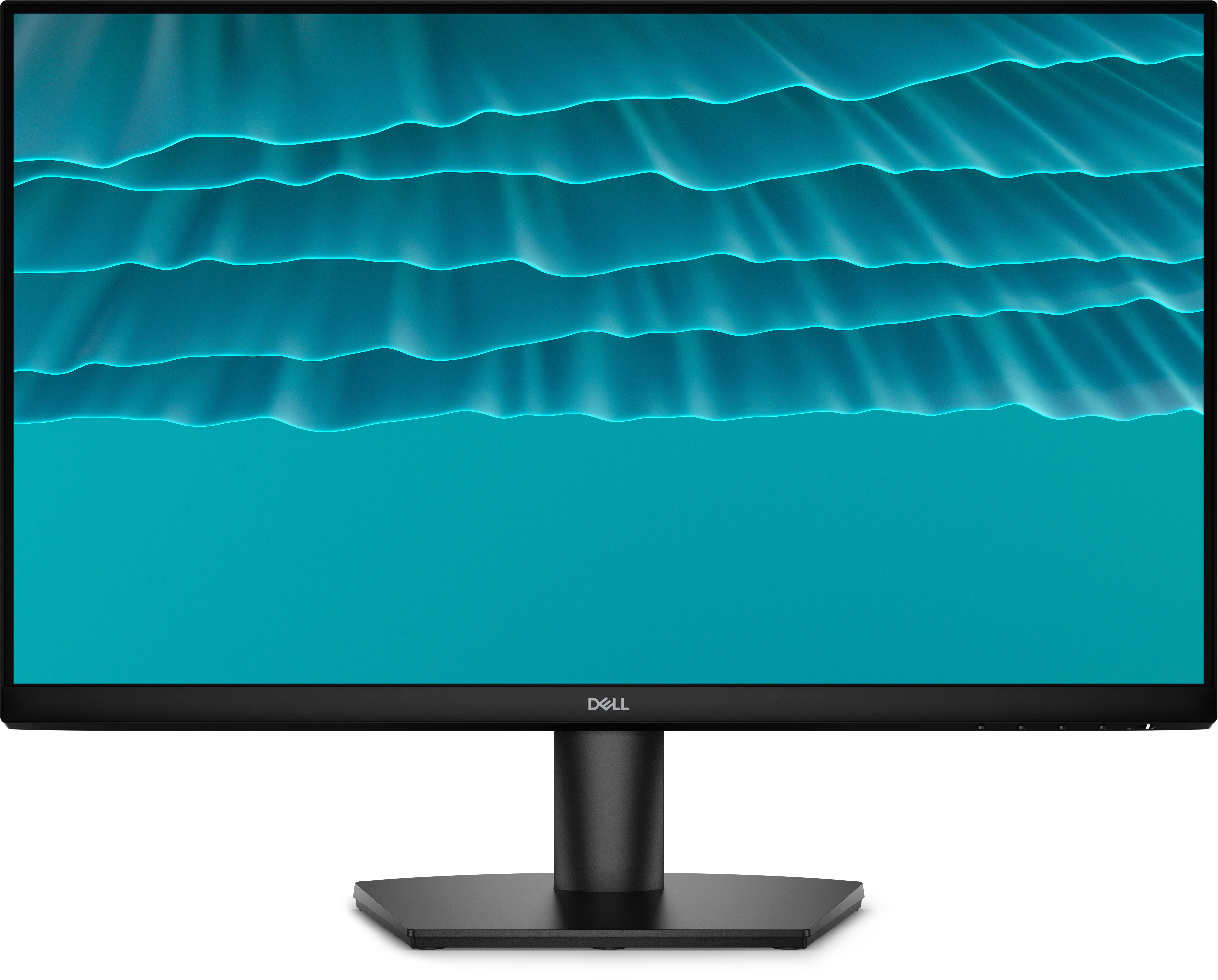 Monitor firmy Dell z niebieską tapetą z falującym wzorem.