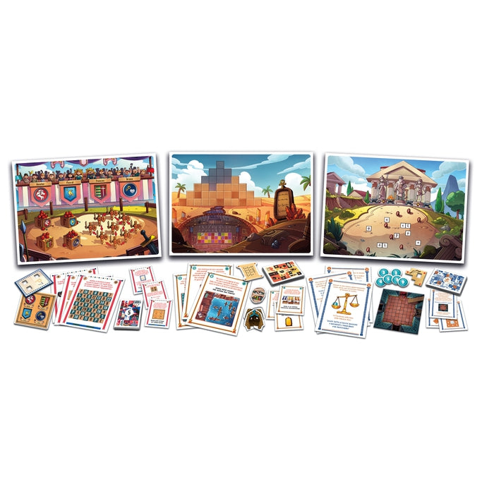Brettspiel mit drei Szenarien: Arena, Wüstenlandschaft und antiker Tempel.