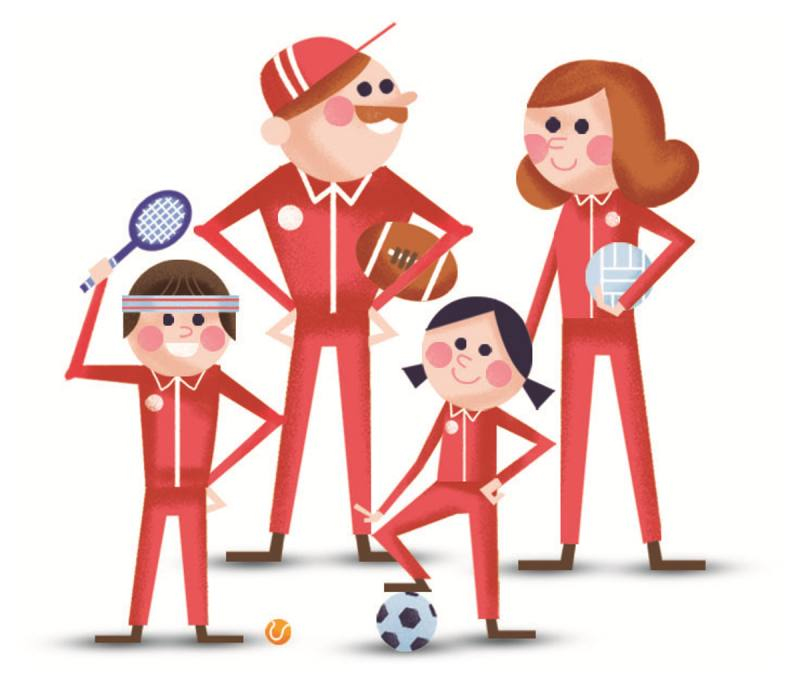 Eine Familie in roten Sportanzügen mit verschiedenen Sportgeräten.