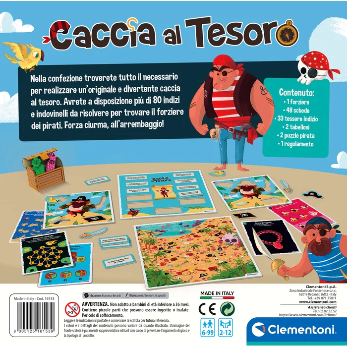 Brettspiel "Caccia al Tesoro" mit Piraten, Schatzkiste und Spielkarten.