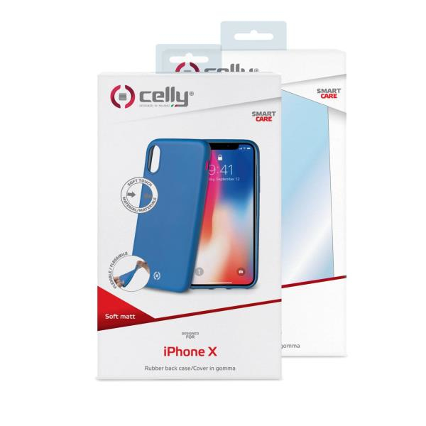 Cover blu per iPhone X su confezione con logo Celly e Smart Care.