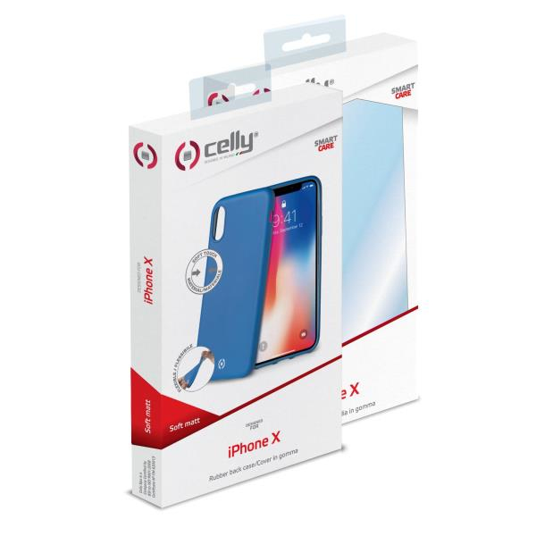 Confezione cover iPhone X gomma blu, fronte con schermo telefono.