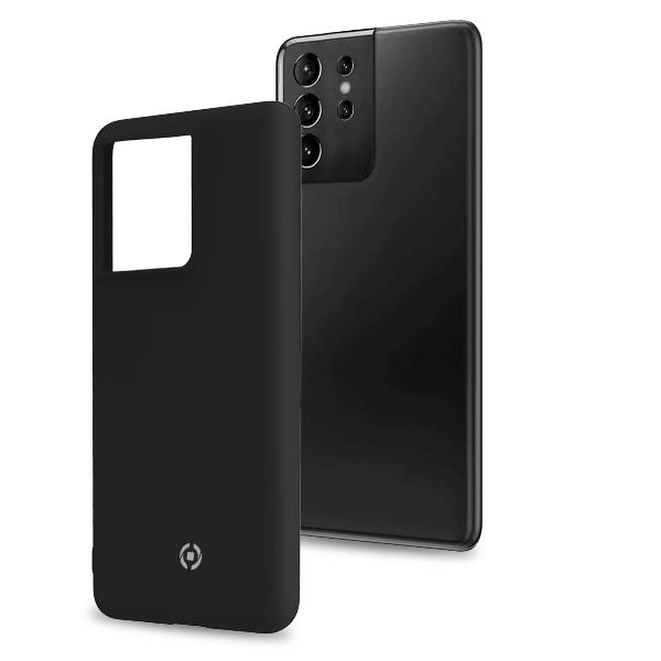 Uno smartphone nero accanto alla sua custodia. Primo piano.