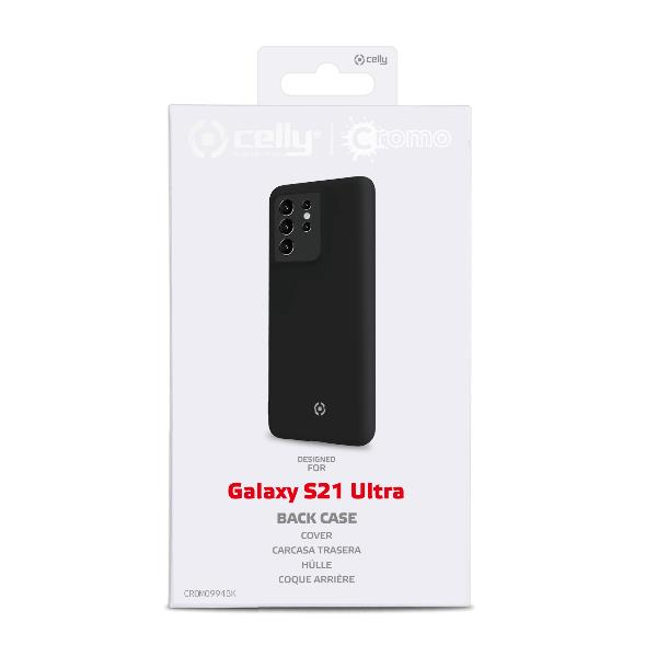 Cover nera per Samsung Galaxy S21 Ultra su confezione bianca.