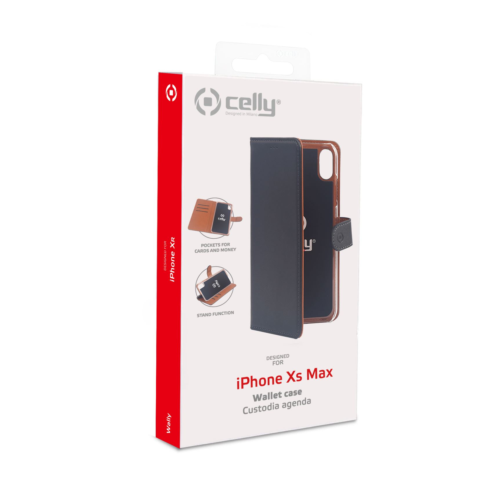 Verpackung einer dunkelblauen Brieftaschenhülle für iPhone Xs Max mit Celly-Logo.