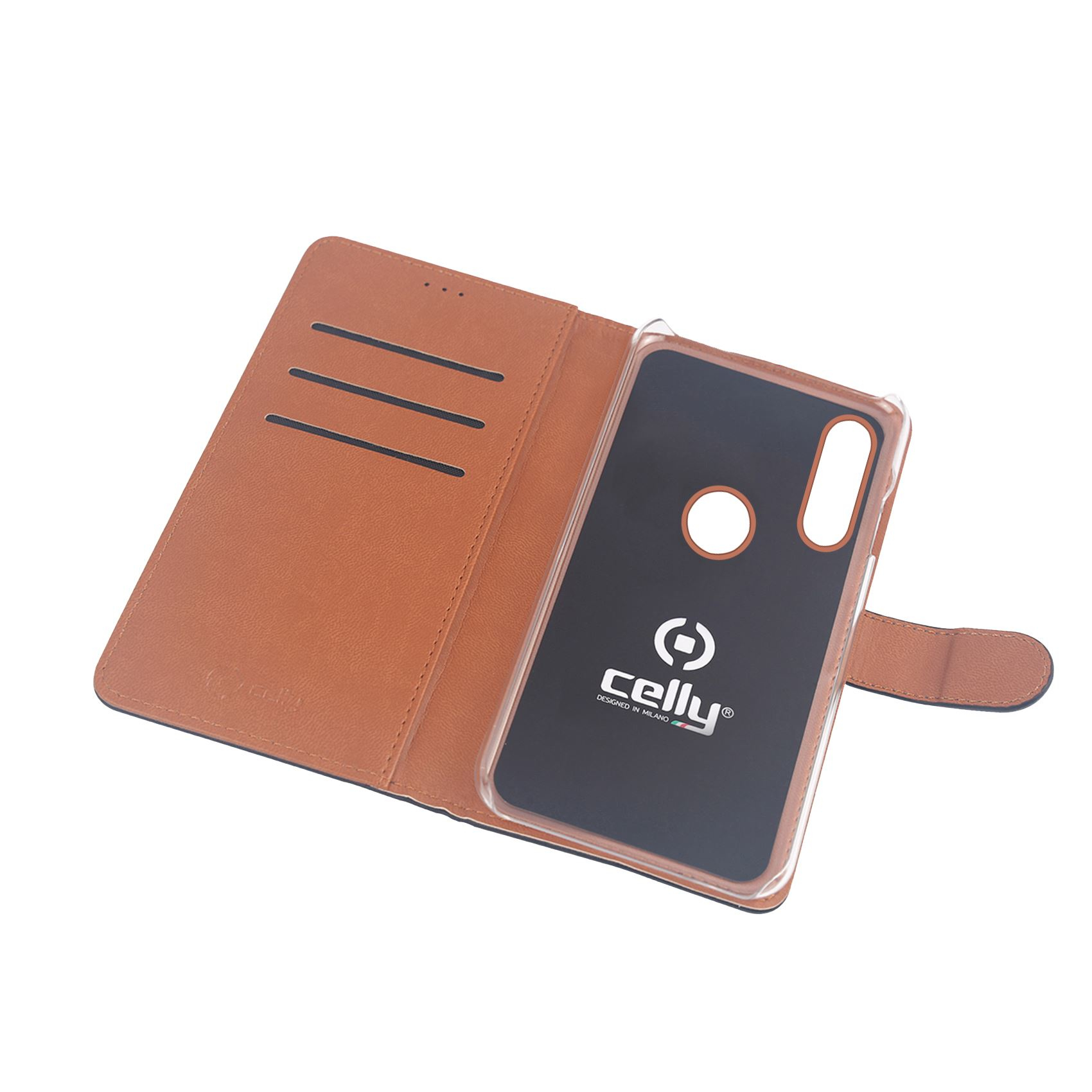 Custodia a libro in pelle marrone con inserto trasparente per smartphone.