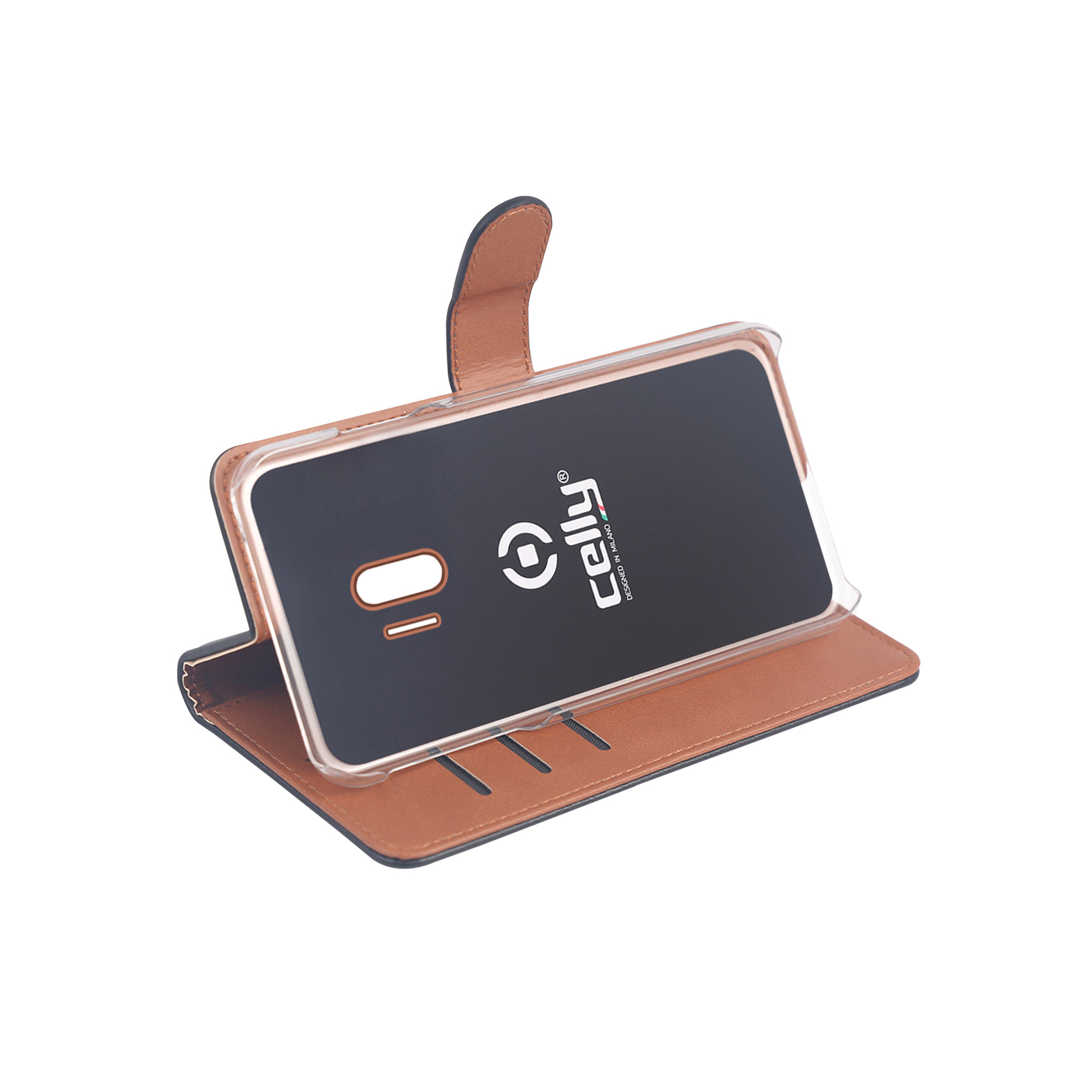 Custodia per telefono in pelle marrone con inserto trasparente.