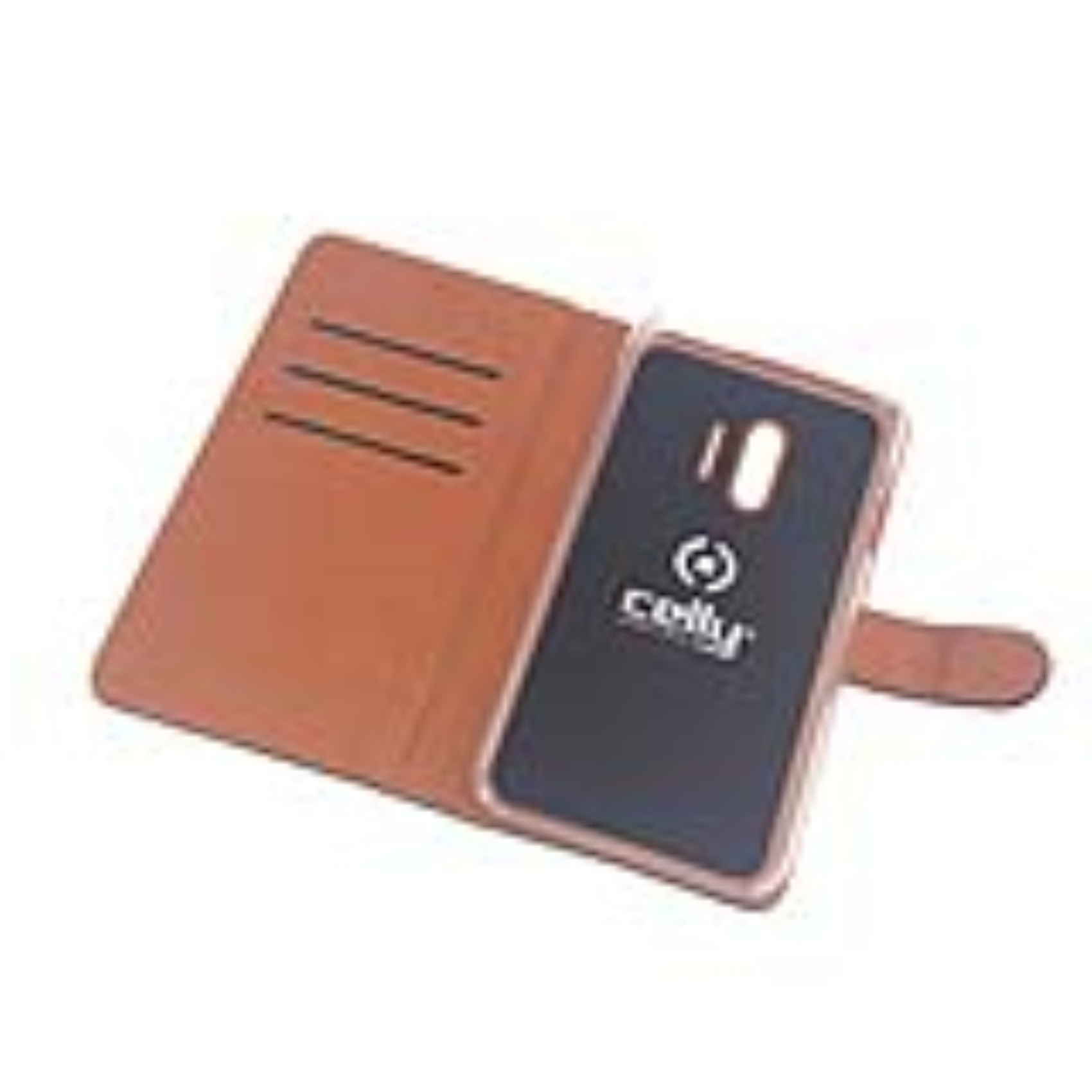 Una custodia per telefono marrone con slot per carte e inserto nero con logo Celly.