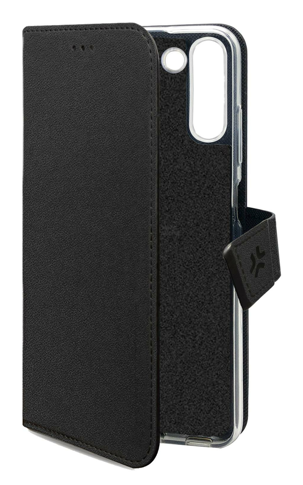 Custodia nera aperta per telefono con foro fotocamera e logo.