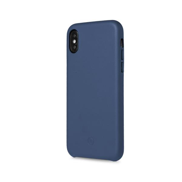 Una cover blu scuro per telefono con ritaglio fotocamera su sfondo bianco.