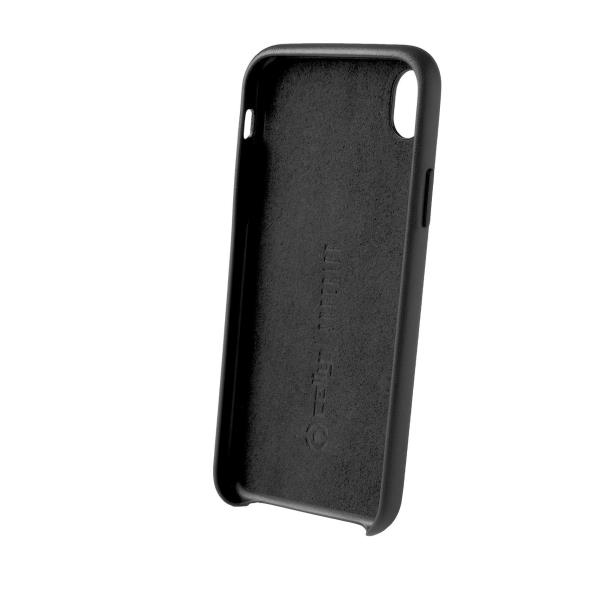 Una custodia nera per iPhone su sfondo bianco.