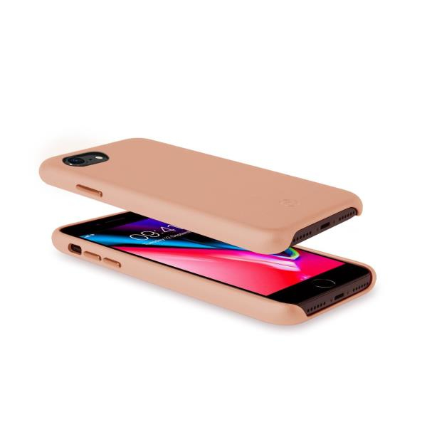 Un iPhone rosa chiaro con custodia poggia su un iPhone con custodia.