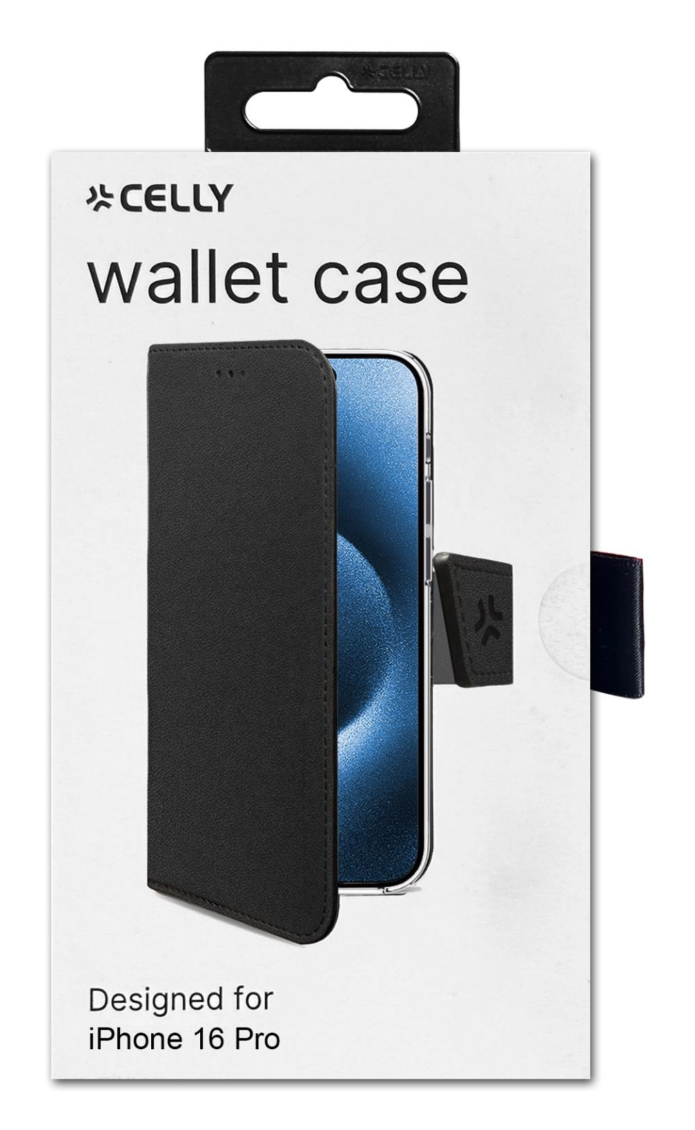 Custodia a portafoglio nera per iPhone 16 Pro con logo Celly.