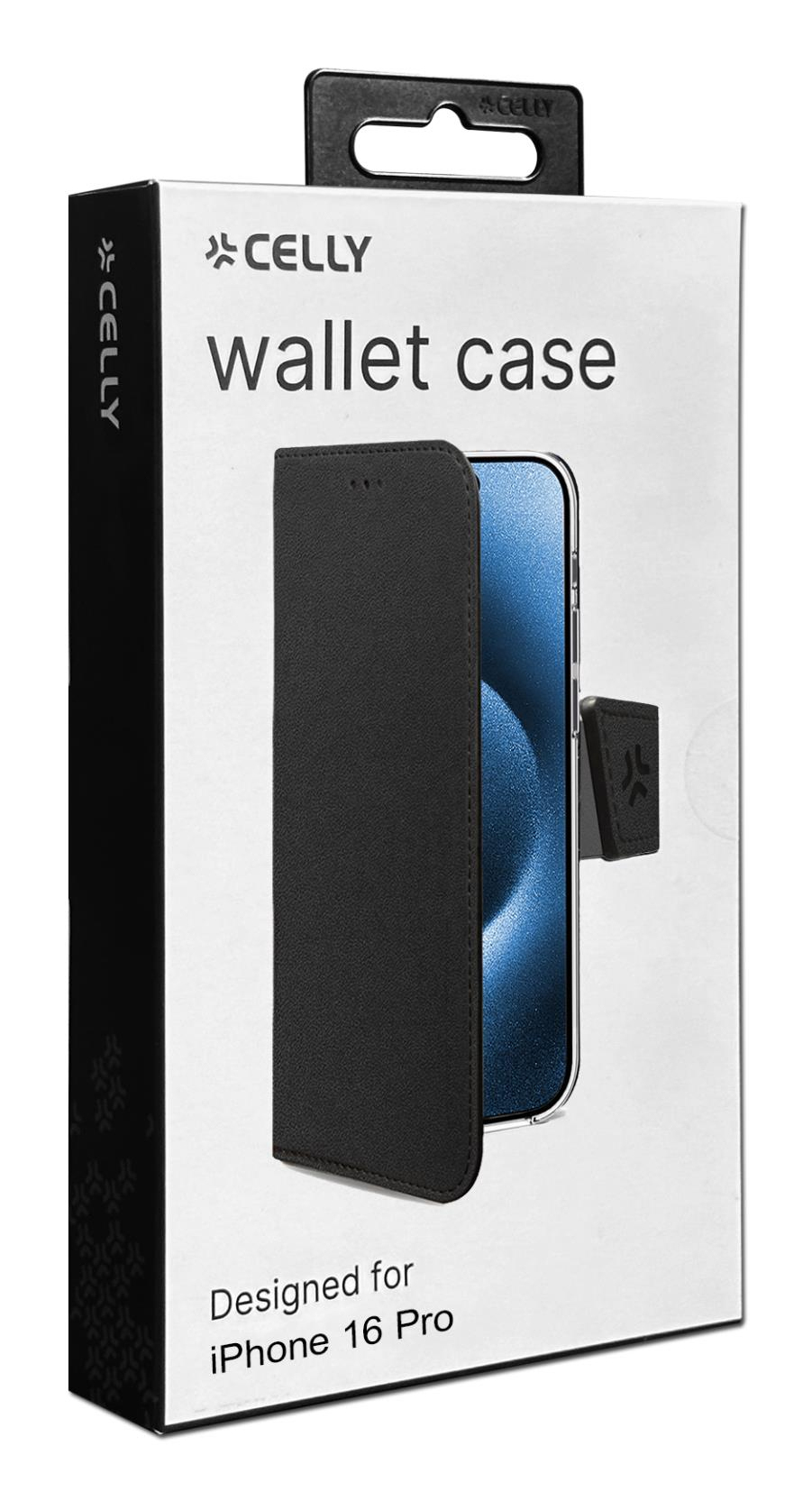 Custodia a portafoglio Celly per iPhone 16 Pro, nera, su confezione bianca.