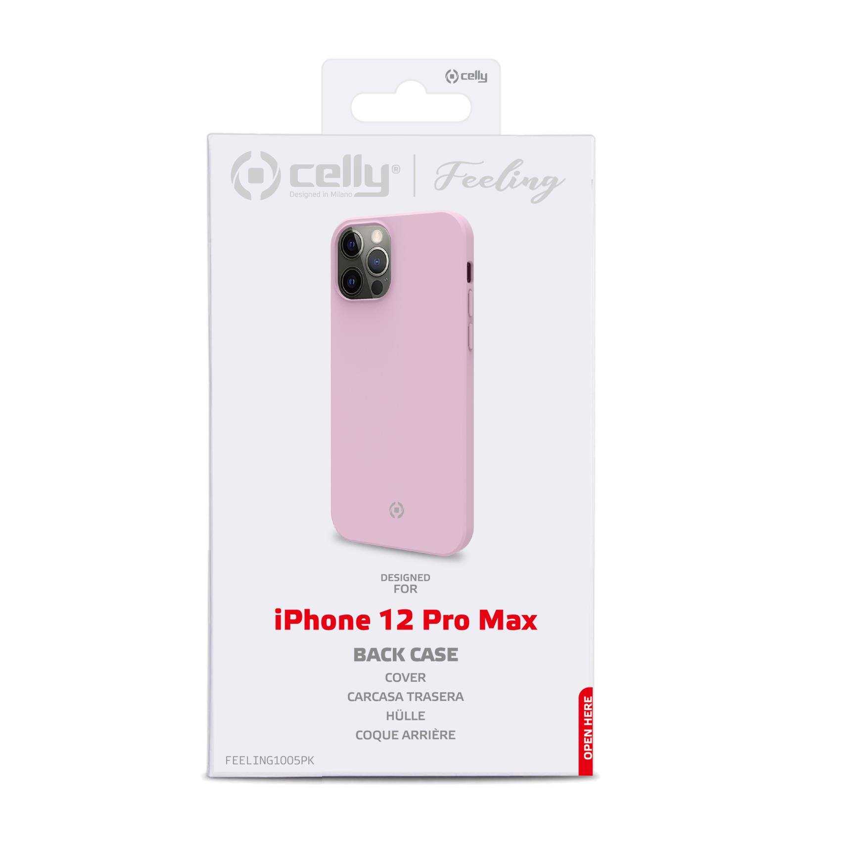 Una cover rosa per iPhone 12 Pro Max su confezione bianca con logo Celly.