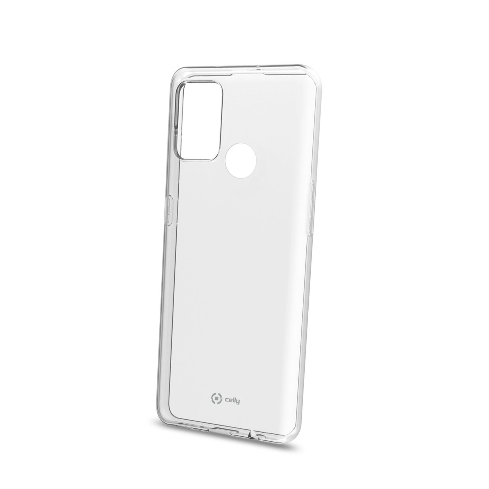Una cover trasparente per telefono con ritaglio fotocamera e apertura circolare.