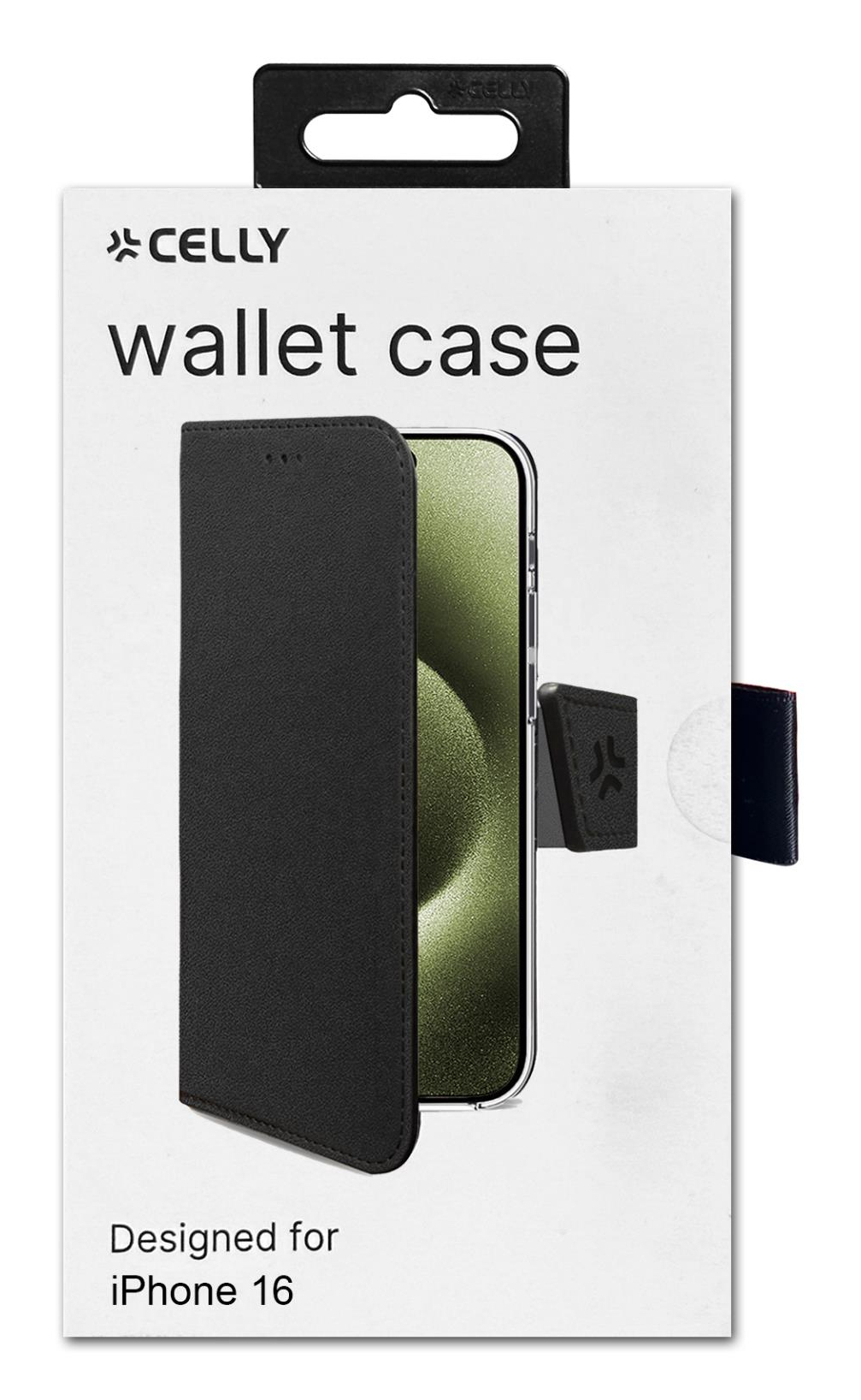 Custodia a portafoglio nera Celly per iPhone 16.