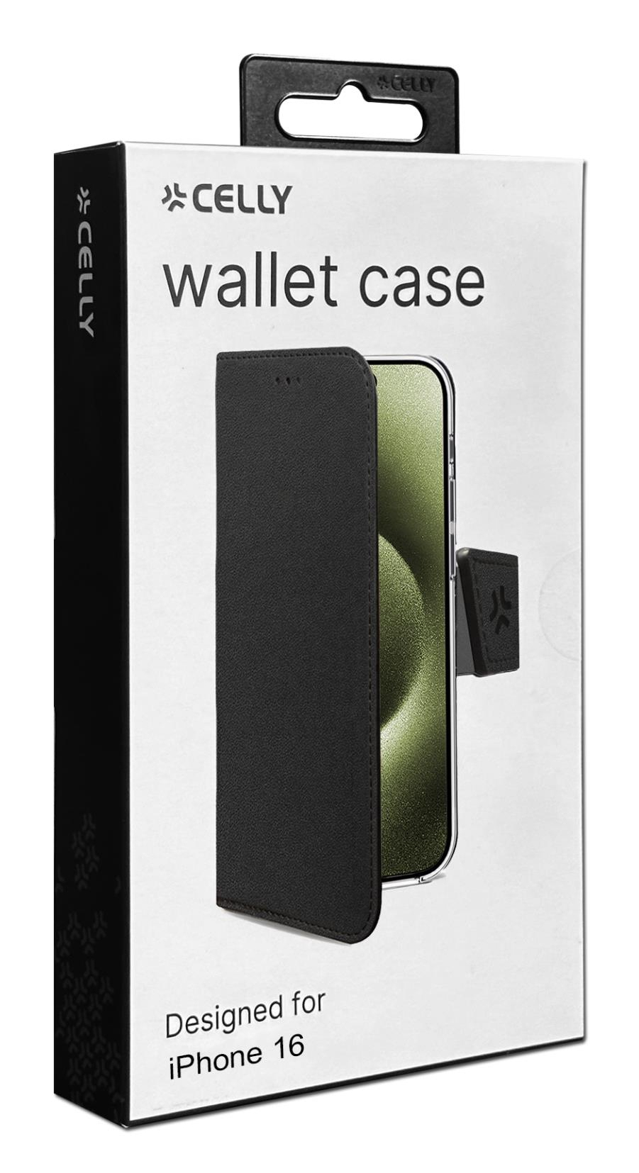 Confezione di una custodia a portafoglio nera CELly per iPhone 16.