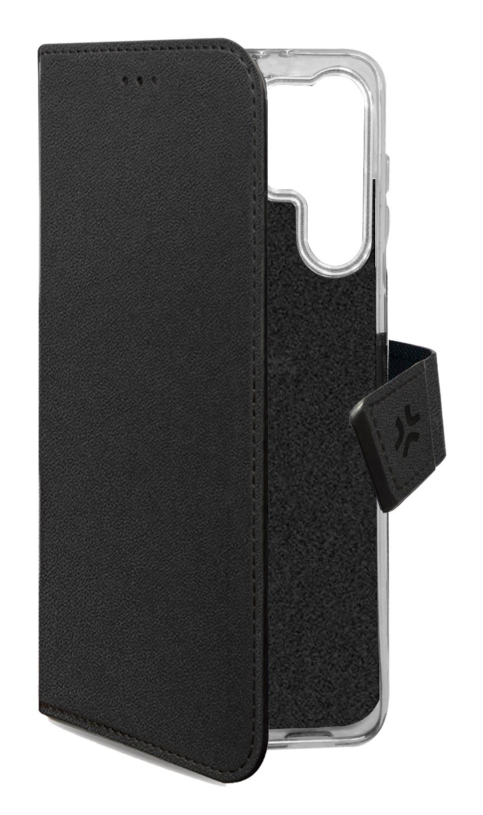 Custodia a libro nera per smartphone, con slot per carte e logo.